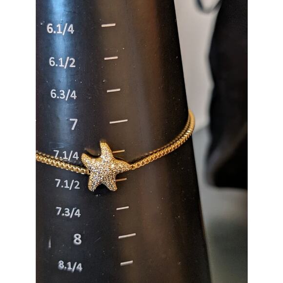 Gold Tone Box Chain Sparkle Starfish Adjustable Rhodium Plated Bracelet - Picture 8 of 9